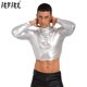 thumbnail image 2 of Top corto metálico brillante para hombre, camiseta de baile en barra de Color sólido brillante con cuello simulado, ropa para fiesta y discoteca, Top ajustado para discoteca, 2 of 5