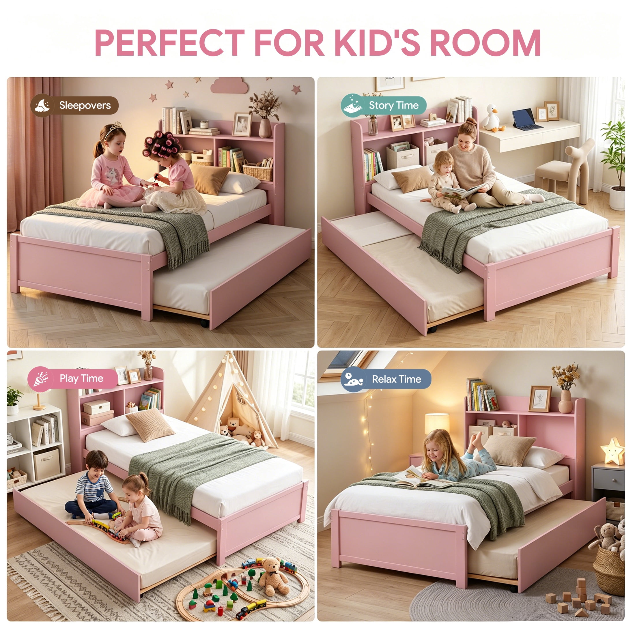 UHOMEPRO Twin Trundle Bed with Storage Headboard, Pink Trundle Bed Frame for Kids Girls Boys, Twin Bed with Trundle, No Box Spring Needed