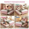 thumbnail image 6 of UHOMEPRO Twin Trundle Bed Frame with Storage and Bookcase Headboard, Pink Twin Bed with Trundle for Kids, Twin Bed Frame for Boys Girls, No Box Spring Needed, 6 of 7