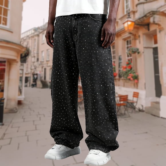 Retro- Casual Denim Jeans with Polka Dot Pattern - Relaxed Wide Leg Straight Pants for Everyday Comfort and Easy Daily Wear