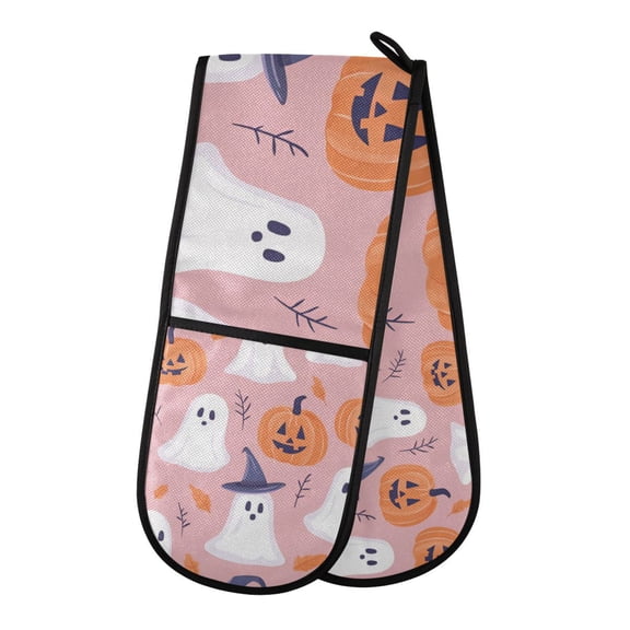 Yayeee Double Oven Mitt Kitchen Heat Resistant Baking 35" x7" Quilted Glove, Cartoon Halloween Ghosts