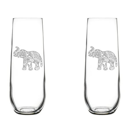 

Set of 2 Glass Champagne Flutes Sparkling Wine Glasses Cute Elephant (8.5 oz Stemless)
