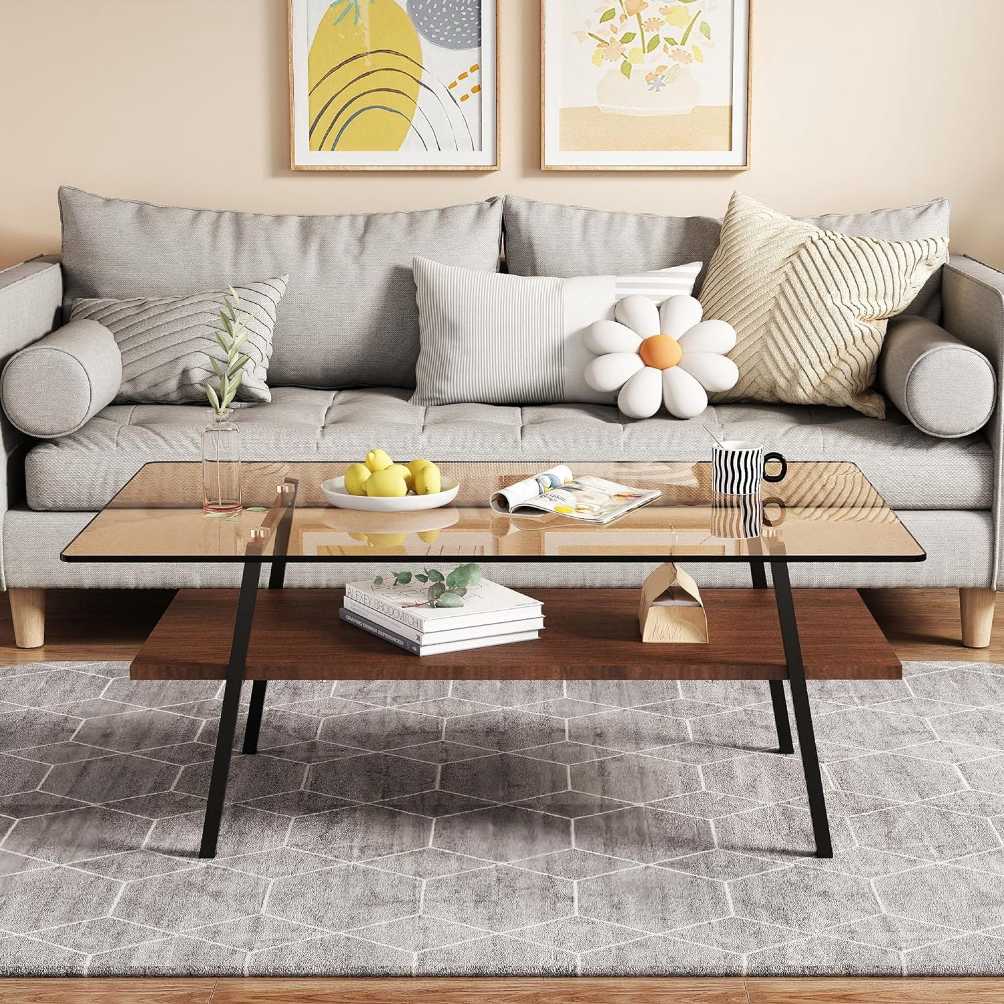 BJSN Glass Coffee Table for Living Room Small Gold Mid Century Coffee Table for Living Room with Wood Shelves (Black Frame, Transparent Glass   Brown Wood),Brown Glass   Brown Wood