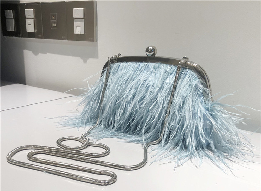 Vintage Fluffy Ostrich Feather Evening bags and Clutches for Women Pearl Chain Tote bags Bridal Purses Wedding Party Blue