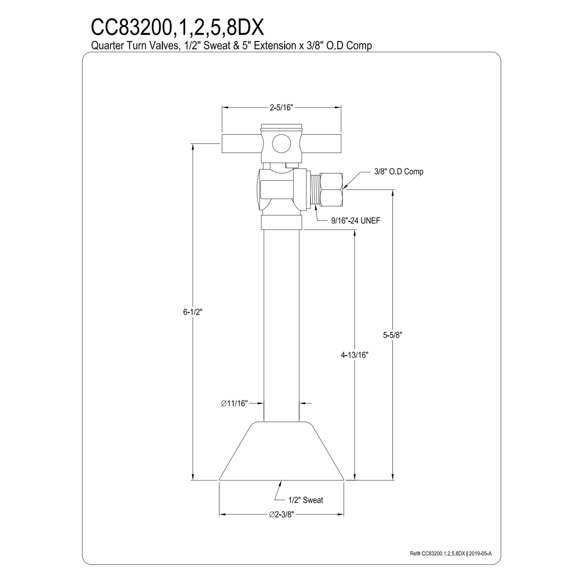 Kingston Brass CC83202DX 1/2-Inch Sweat x 3/8-Inch O.D. Comp Angle Shut-Off Valve with 5-Inch Extension in Polished Brass