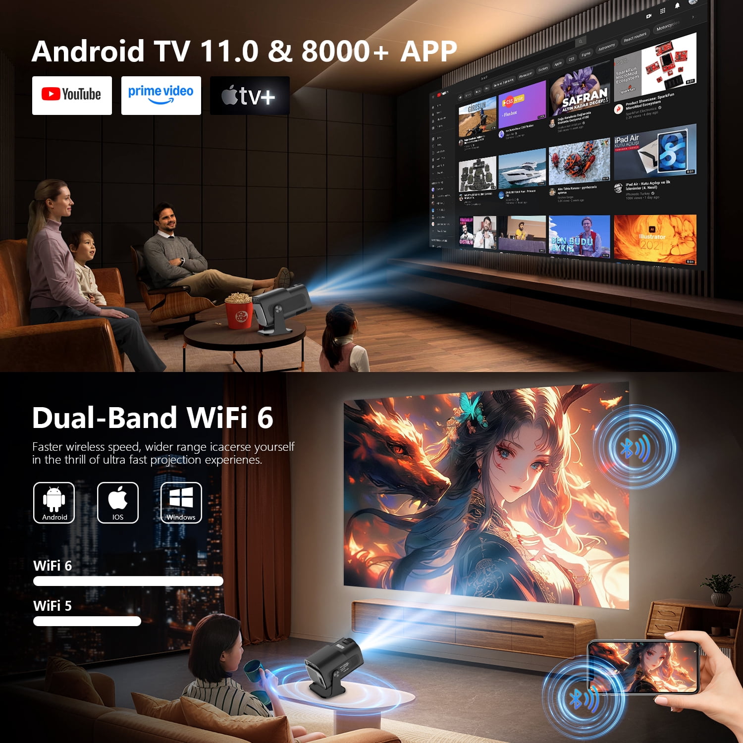 Salange Mini Projector with Wifi 6 and Bluetooth, 1080P Full HD with 4K Supported,Auto Keystone for Home Theater & Camping,Black