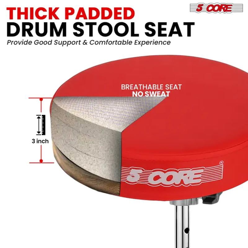 5 Core Drum Throne 3 Inch Thick Padded Comfortable Guitar Stool Double Braced Drummer Chair Height Adjustable Musician Seat Red - DS BLKCH RED