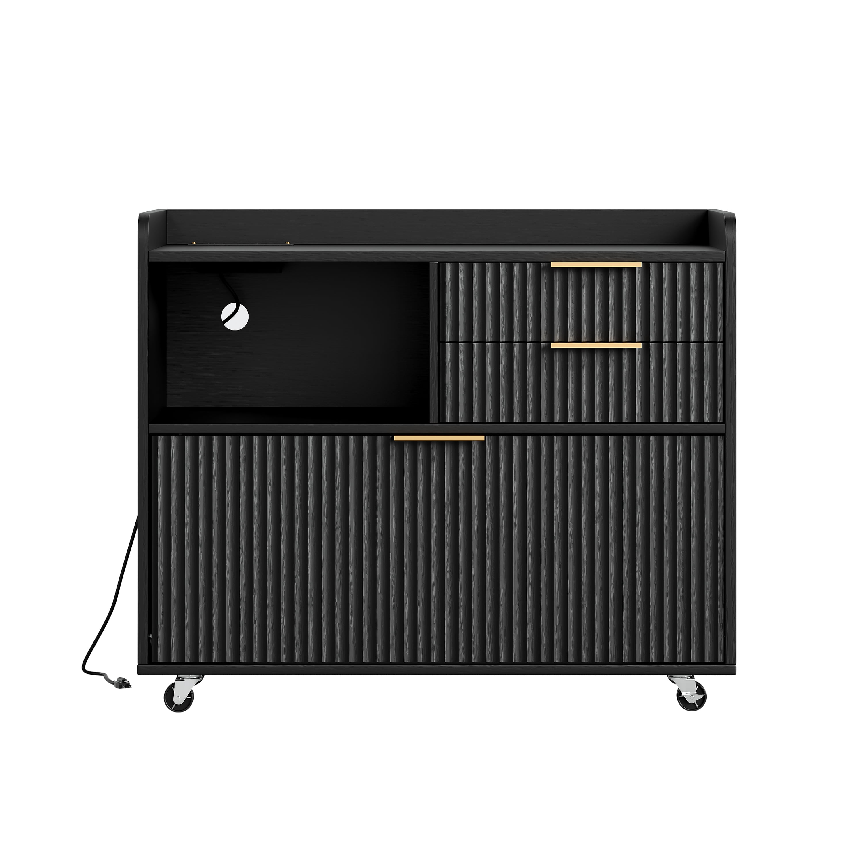 File Cabinet with Charging Station and Multi Drawers, Mobile Rolling Office Storage Cart and Open Compartment Organizer for Home Office, Black