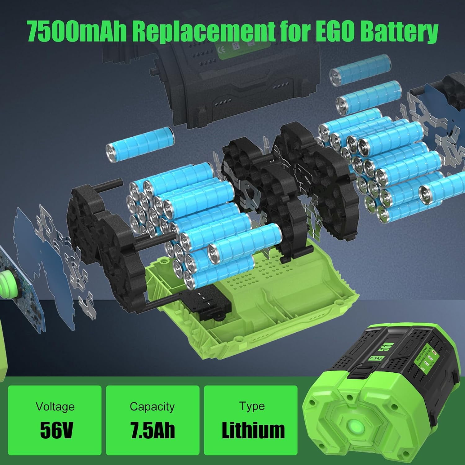 Upgrade 7500mAh Lithium Ion Battery Replacement for EGO 56V Battery Long Runtime High Power Output BA2800 BA2800T BA4200 BA4200T BA5600T