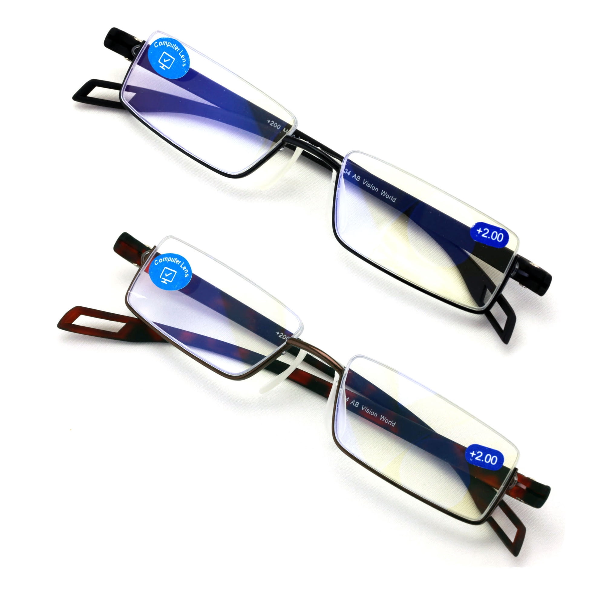 2 Pairs Featherweight Slim Half Rim Memory Flex Reading Glasses With Anti-Blue Ray Coating +1.25