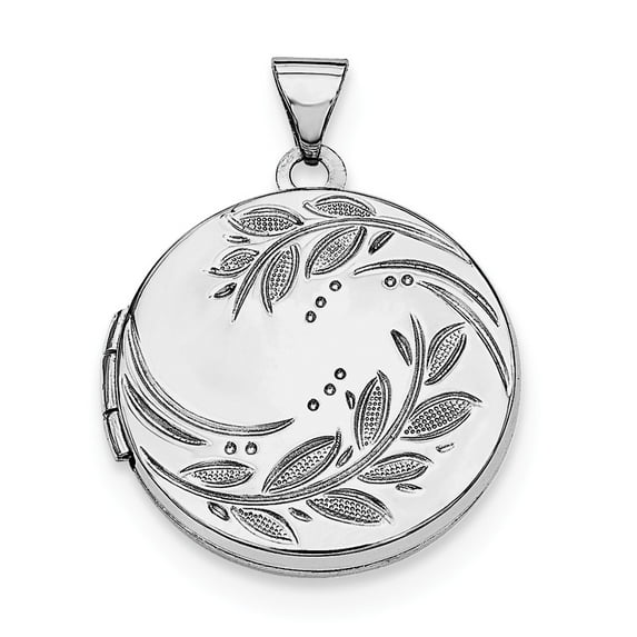 Sterling Silver Rhodium-plated 20mm Round Leaf Floral Locket