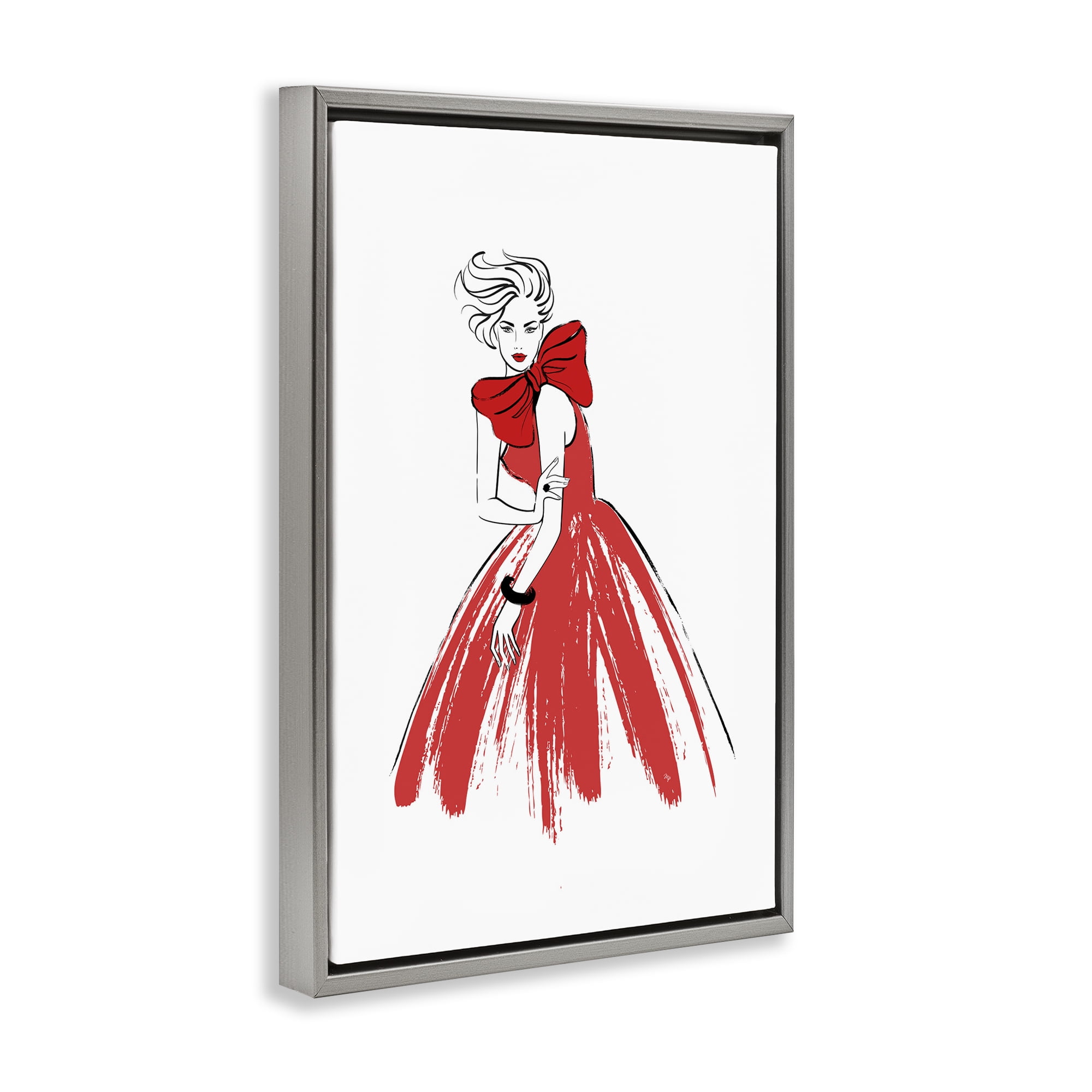 Stupell Industries Lady & Red Bow Dress Novelty Painting Gray Floater Framed Art Print Wall Art, 17 x 25
