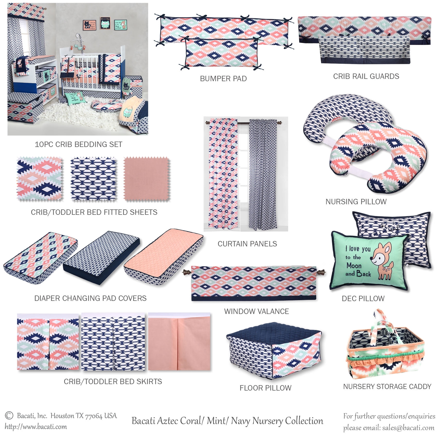 Bacati - Emma Aztec Quilted Top 100% Cotton Percale with Polyester Batting Diaper Changing Pad Cover, Kilim Coral/Mint/Navy