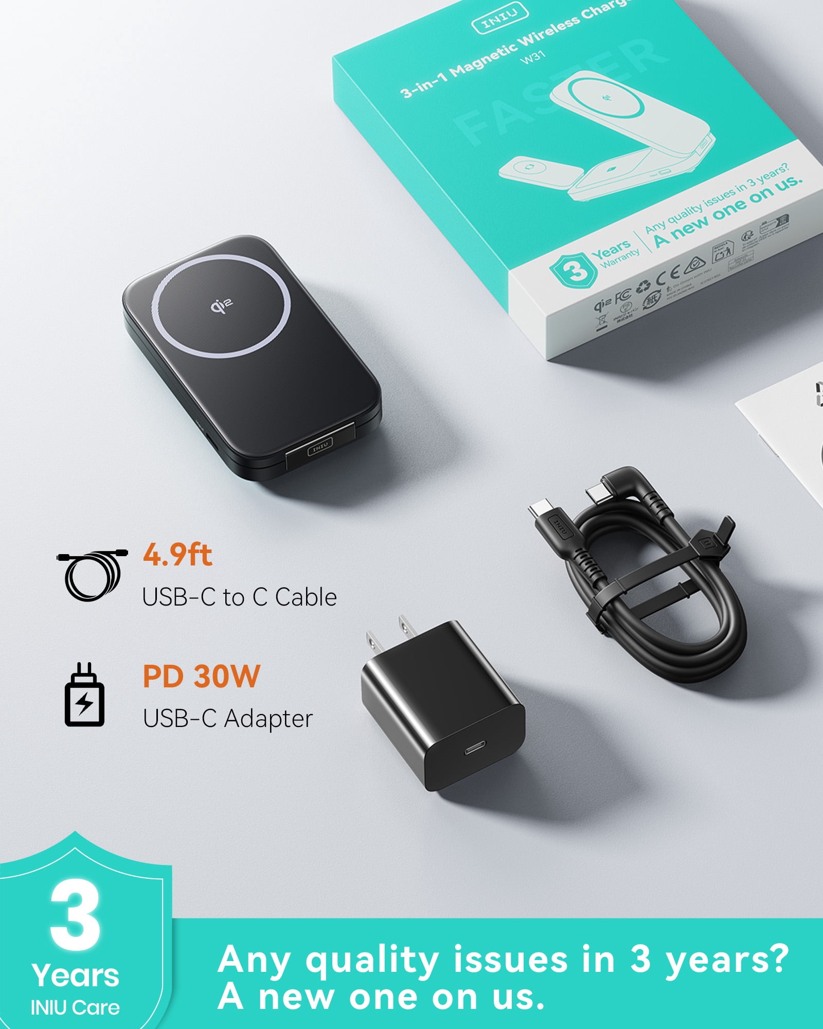 INIU 3 in 1 Wireless Charger, 15W Foldable Magnetic iPhone Charger, Wireless Charging Station with Qi2 Certified for iPhone, Apple Watch, AirPods (Adaptor Included)