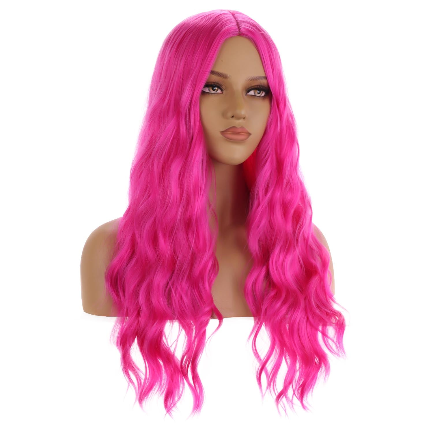 RightOn Hot Pink Wigs Long Wavy Wig for Women Curly Heat Resistant Hair Wigs Cosplay Party with Wig Cap
