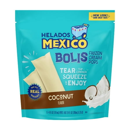 Helados Mexico Coconut Bolis Frozen Cream Pops in a Tube, Push Up, Gluten-Free, 24 oz, 6 Count