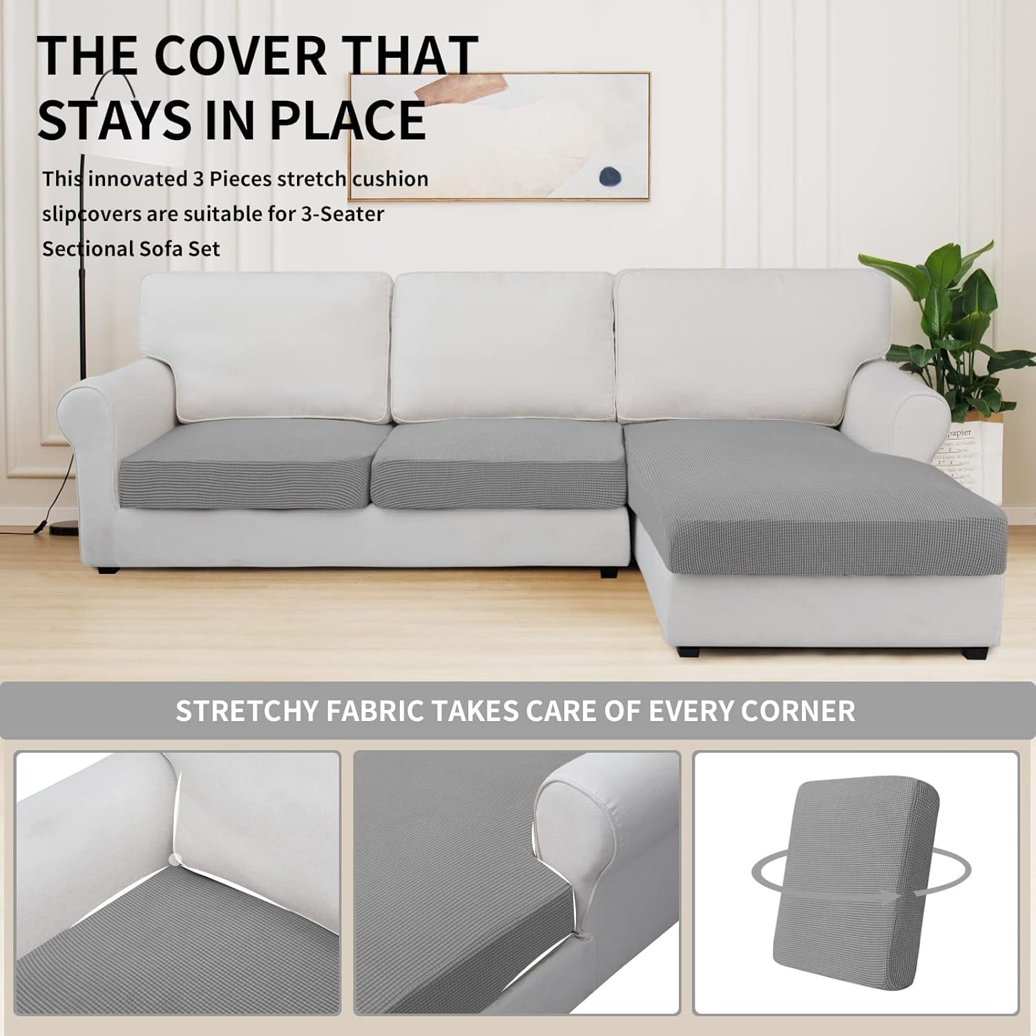 3 Pieces Couch Cushion Covers for Sectional Sofa Left/Right L Shape Chaise Lounge Sofa Seat slipcover Anti-Slip Sofa Cover Soft (2 Seater + 1 Chaise, Light Gray)
