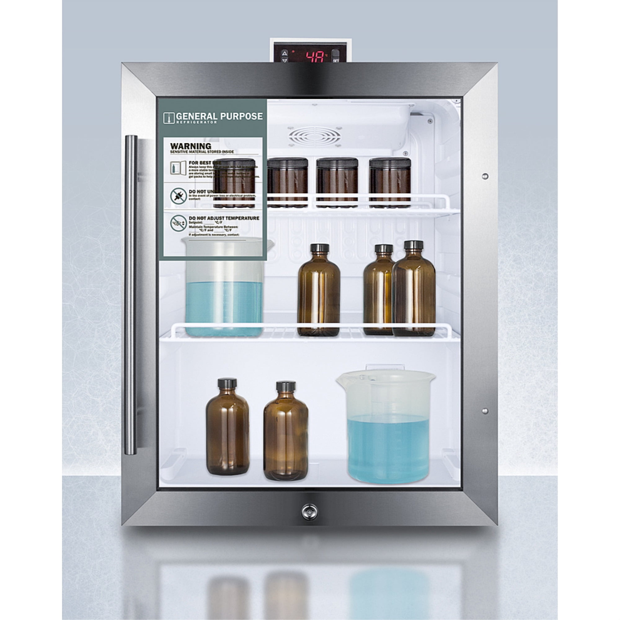General purpose compact glass door refrigerator with lock