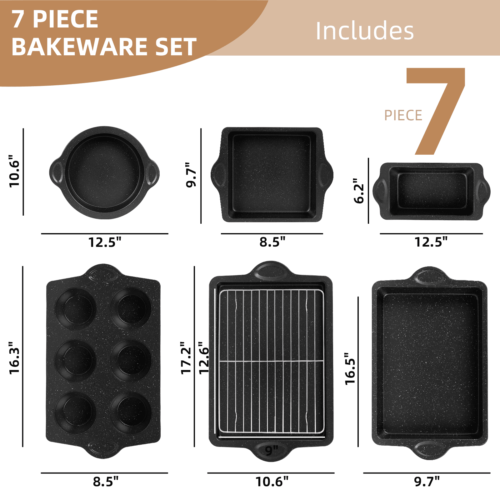 VAVSEA Bakeware Set of 7, Nonstick Baking Pan Set, Carbon Steel Heavy Oven Pan Set with Cookie Sheet, Cake Pan, Loaf Pan, Muffin Pan, Roast Pan
