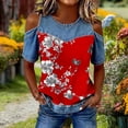 thumbnail image 3 of Womens Summer Tops Cap Sleeve Crew Neck T Shirts Ndbuld Women's Fashion Casual Round Neck Printed Short Sleeve Blouse Loose Spring And Summer Tops Red XXXL, 3 of 5