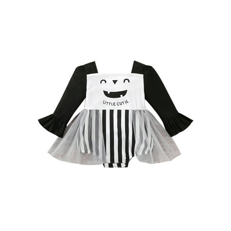 

Amuver Infant Girls Halloween Romper Dress Black Long Sleeve Square Collar Printing Romper Tutu Skirt