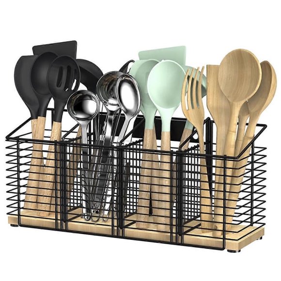 Soporte grande de metal negro para utensilios de cocina. Organizador de utensilios de cocina, espátulas y otros utensilios.