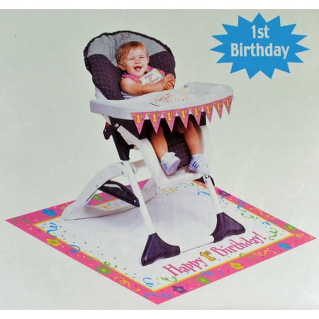 Paper Art Happy 1st  Birthday  Baby  Girls  Pink High Chair 