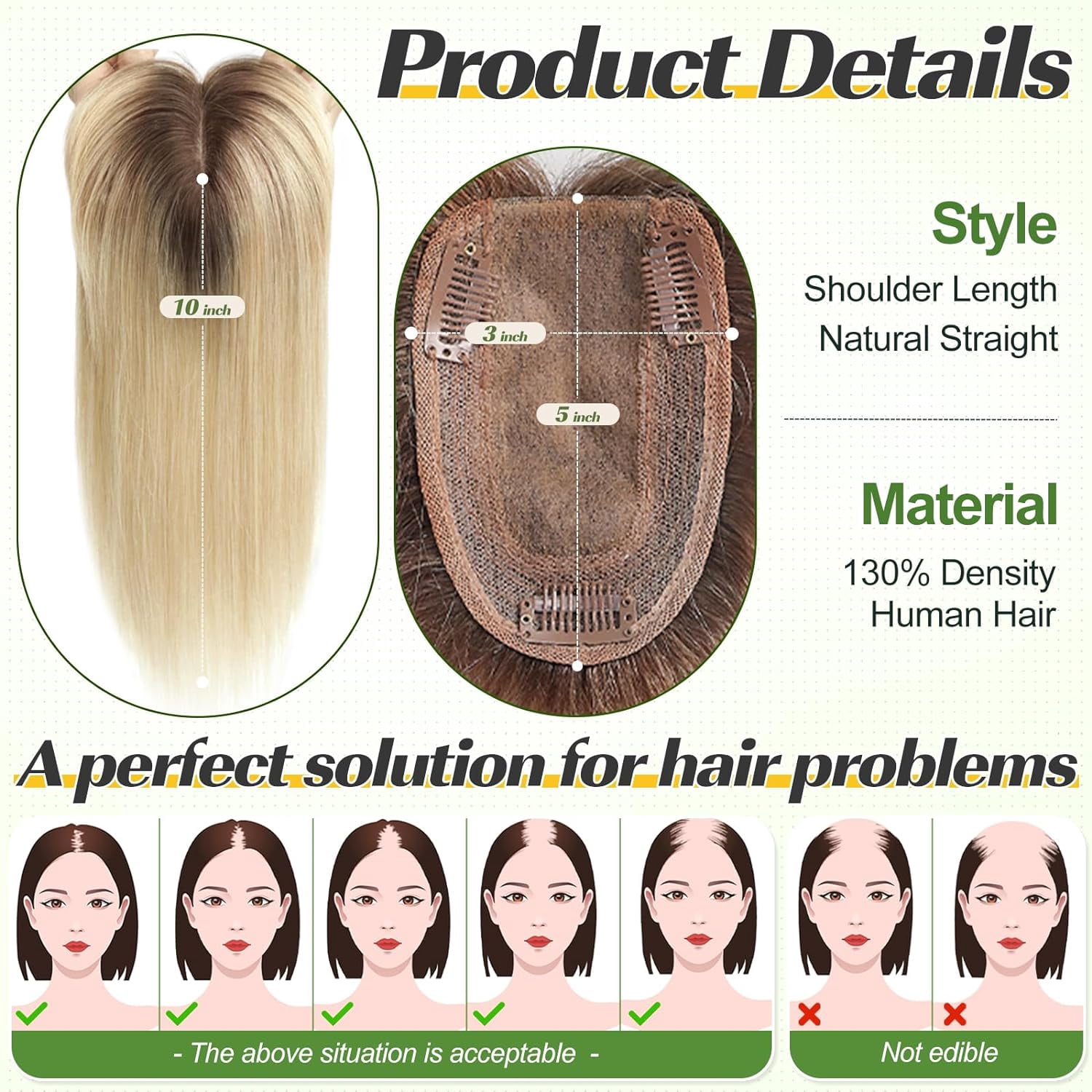 Hair Toppers for Women, Real Human Hair 130% Density, Hair Loss Cover No Bangs, Hair Extensions for Thinning Hair, Silk Base Three Clips in Topper, Ombre Light Blonde(10inch)