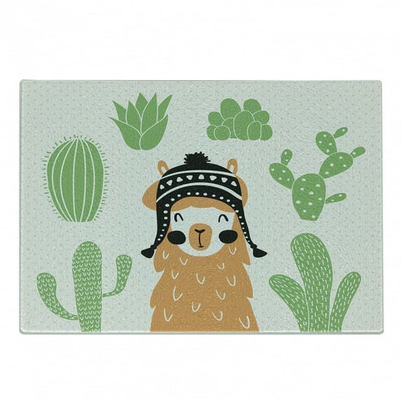 Hipster Cutting Board, Llama in a Traditional Bolivian Hat Smiling Comic on Polka Dots Illustration, Decorative Tempered Glass Cutting and Serving Board, Small Size, Multicolor, by Ambesonne