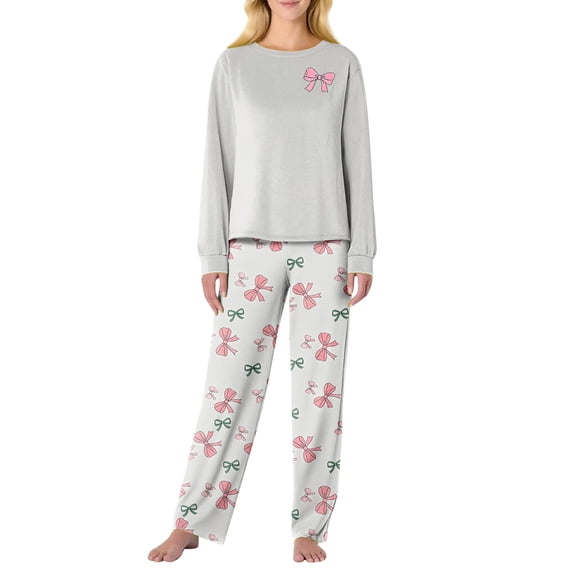 Garbnen Valentine Pj Sets for Woman Bow Print Crew Neck Long Sleeve Pajamas Top and Pants Spring Summer Sleepwear 2 Pieces Clothes