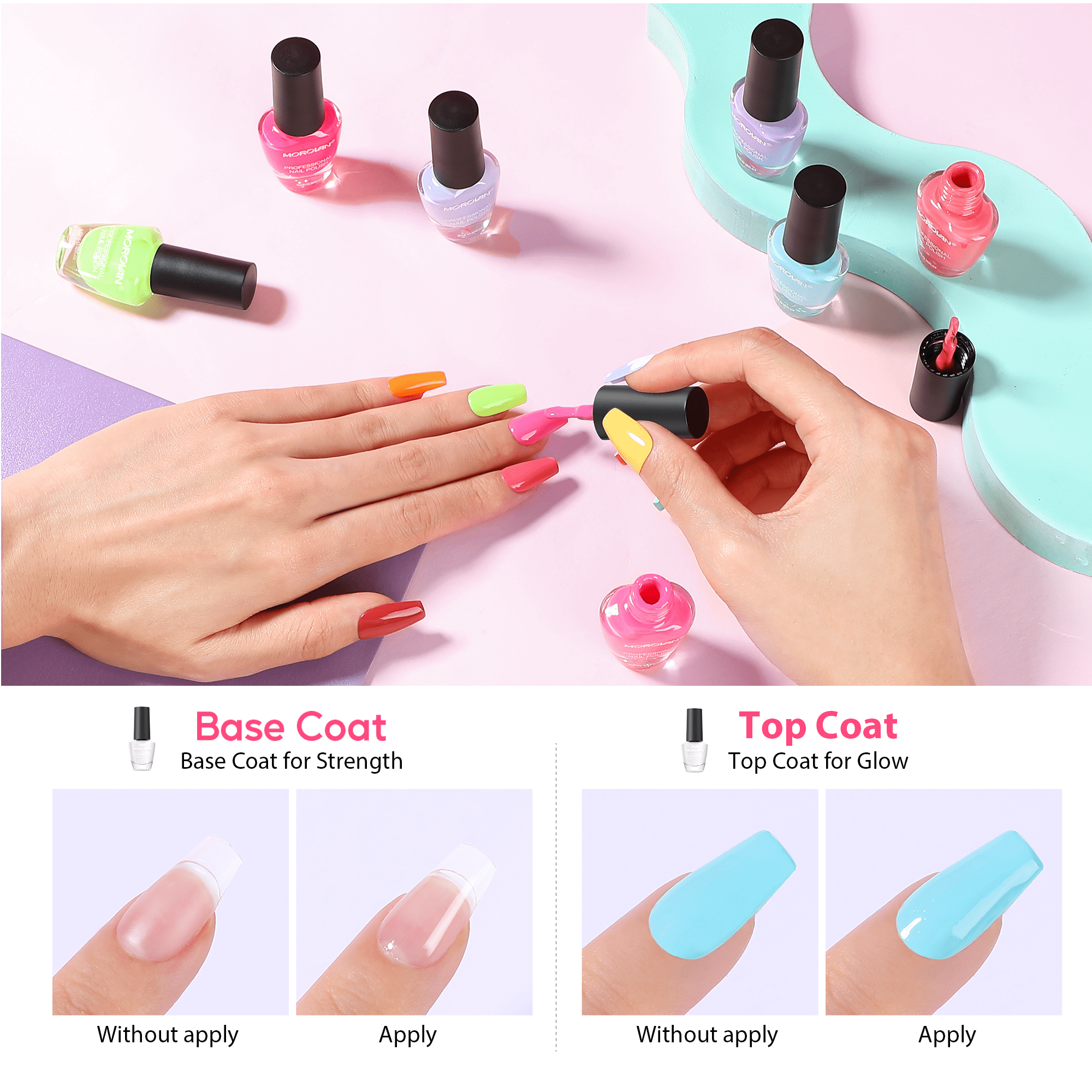 Morovan Nail Polish Set Fingernail: 48PC Air Quick Dry Nail Polish Kit with 2PC Base Top Coat Regular Nail Polish pack
