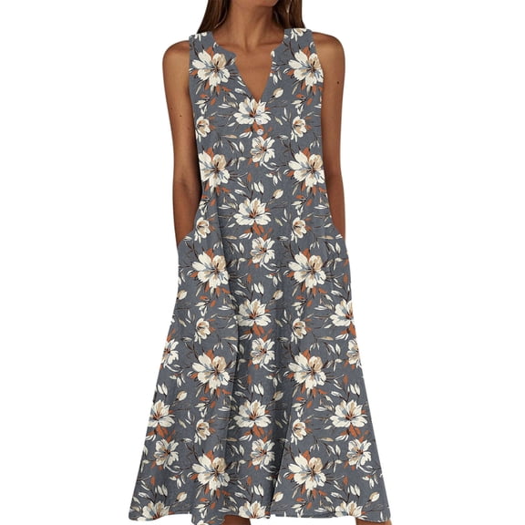 Ruimatai Women's Floral Sleeveless Maxi Dresses V Neck Loose Fit Flowy Casual Dresses for Summer Beach Vacation
