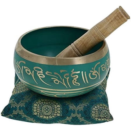 Singing Bowl Green Brass Musical Instruments Tibetan Buddhist Himalayan Bell Metal for Meditation with Stick and Cushion 7 Inch