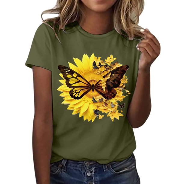 Gibobby Playera de Verano para Mujer Camiseta deportiva informal manga corta con cuello redondo y estampado girasol a la moda para mujer(AG,G)
