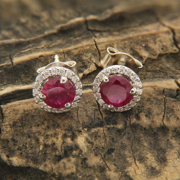 Women's Stud Earrings 2Ct Lab-Created Red Ruby Round Cut 14K White Gold Plated