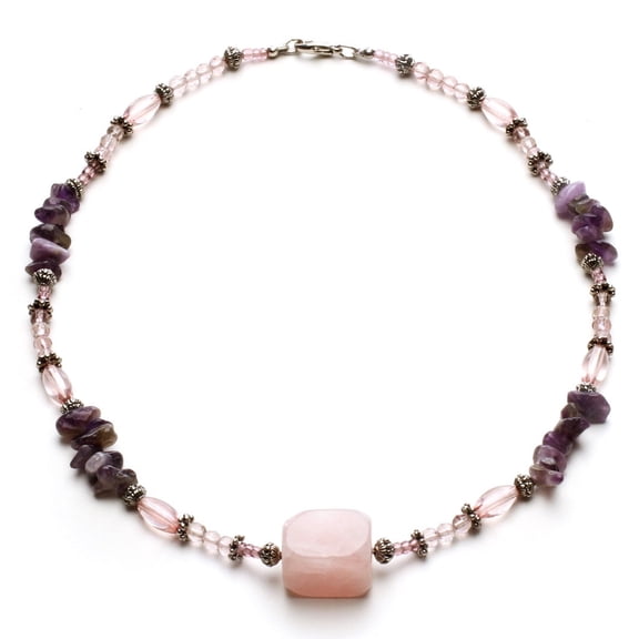 Genuine Pink Quartz and Amethyst Beaded Statement Necklace with Silver Tone Accents Jewelry Necklace Silver