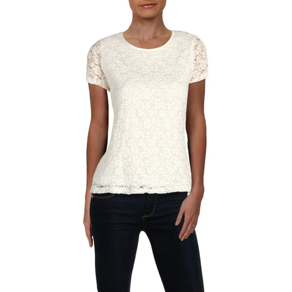 Calvin Klein Womens Petites Lace Jewel Neck Pullover Top