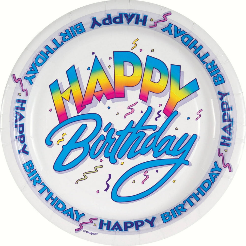 9" Retro Rainbow Happy Birthday Party Plates, 8ct