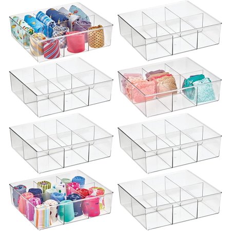 

Plastic 6 Compartment Dresser Drawer Divided Organizer Bin for Scarves Socks Bras Hair Ties Belts Underwear - Closet Shelf Storage Organization Lumiere Collection 8 Pack Clear