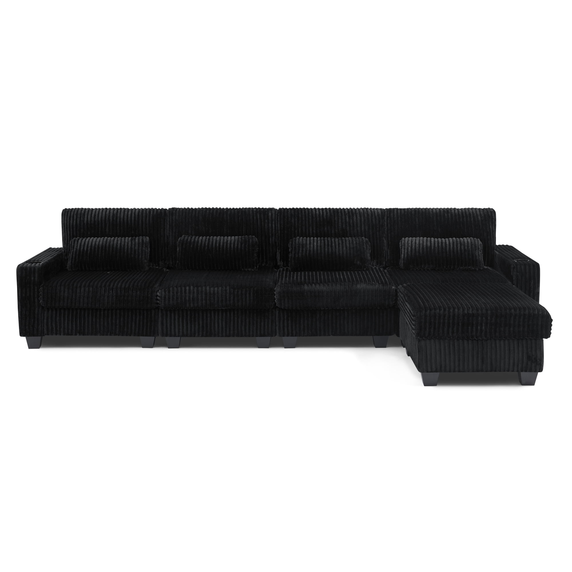 Modular L-Shaped Sectional Sofa with Detachable Ottoman Footrest and Cup Holders, Corduroy 4-Seater Sofa Couch with Side Storage Pockets and Sturdy Plastic Support Feet for Living Room