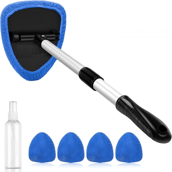 ACDANC Windshield Cleaner Tool, Car Interior Window Detailing Cleaning Kit with Extendable Handle and 4 Easy-to-Install Reusable Microfiber Pads, Auto Glass Wiper Brush Kit for Car&Home, Blue, 21in