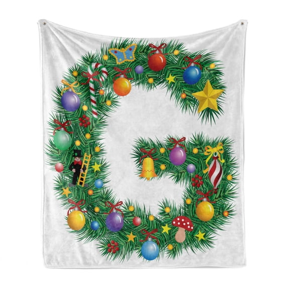 Letter G Soft Flannel Fleece Blanket, Christmas Tree Style Letter G with Capital Style Vibrant Celebration Items Holiday, Cozy Plush for Indoor and Outdoor Use, 60" x 80", Multicolor, by Ambesonne