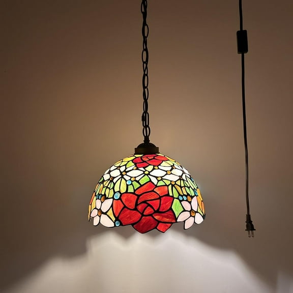Tiffany Pendant Lights Plug In Red Orange Stained Glass Rose Flowers LED Bulb Included for Dining Room 12"W*12"D*60"H