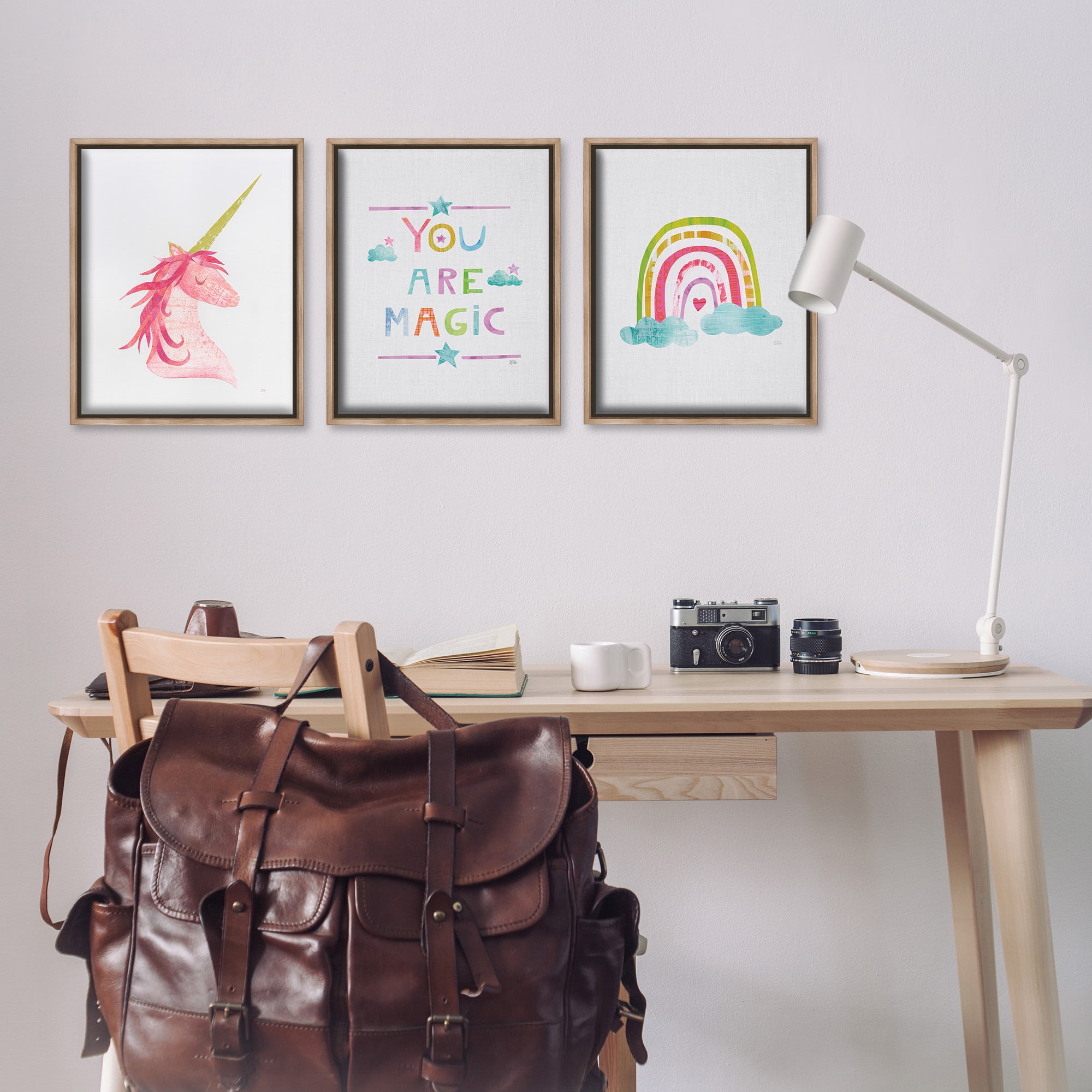 Stupell Industries You Are Magic Rainbow & Unicorn Art for Kids Painting Brown Floater Framed Canvas Art Print Wall Art, 17 x 21, Set of 3