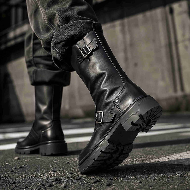 Vintage Engineer Biker Boots for Men, Side Zipper Thick Platform