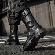 Vintage Engineer Biker Boots for Men, Side Zipper Thick Platform Mid-Calf Leather Boots with Adjustable Metal Buckles