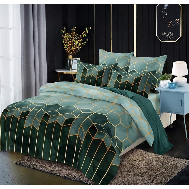 Ropa de cama verde con diseño degradado, funda nórdica con estampado de mármol, tela de microfibra para un fácil cuidado