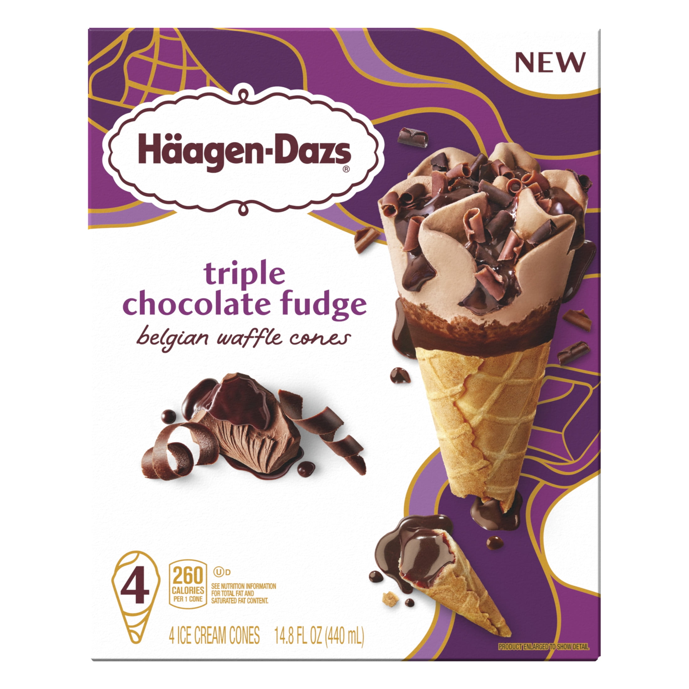 Haagen-Dazs Triple Chocolate Fudge Belgian Waffle Ice Cream Cone, 4 Count