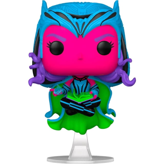 figura de vinilo funko pop! colección black light de marvel: scarlet witch — figura Funko Pop! de la Bruja Escarlata en colores neón; cabeza rosa fucsia, tiara azul turquesa con detalles negros, cabello morado y azul, capa verde brillante, base transparente y libro mágico verde en las manos, diseñada para brillar con luz negra. Ideal también como pieza de colección para exhibir en vitrinas o estanterías.