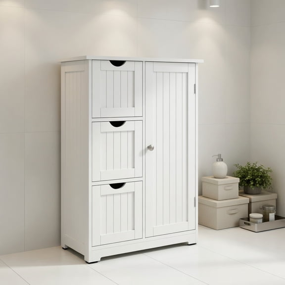 Resenkos Bathroom Floor Cabinet Side Storage Cabinet with 3 Drawers and 1 Cupboard-White, Bathroom Cabinets for Entryway Storage, Home Office Furniture